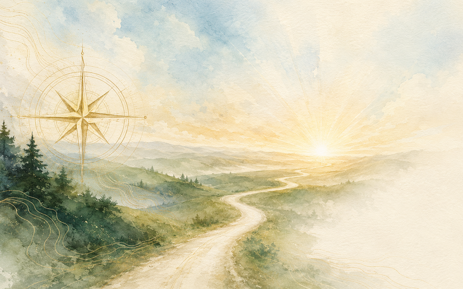 Watercolor sunrise over a winding path through green hills